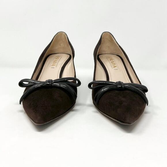 Prada Brown Suede Pointed-Toe Bow Pumps EU 37 Mid Heel | Made in Italy - Picture 3 of 9